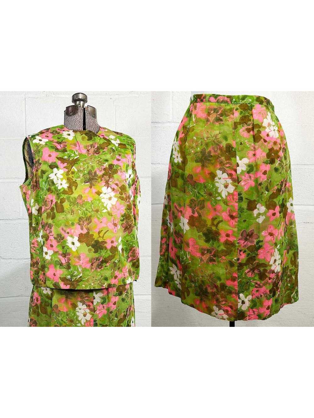 Vintage Floral Outfit Shell Top & Skirt Set Pink Green Separates 1960s Large
